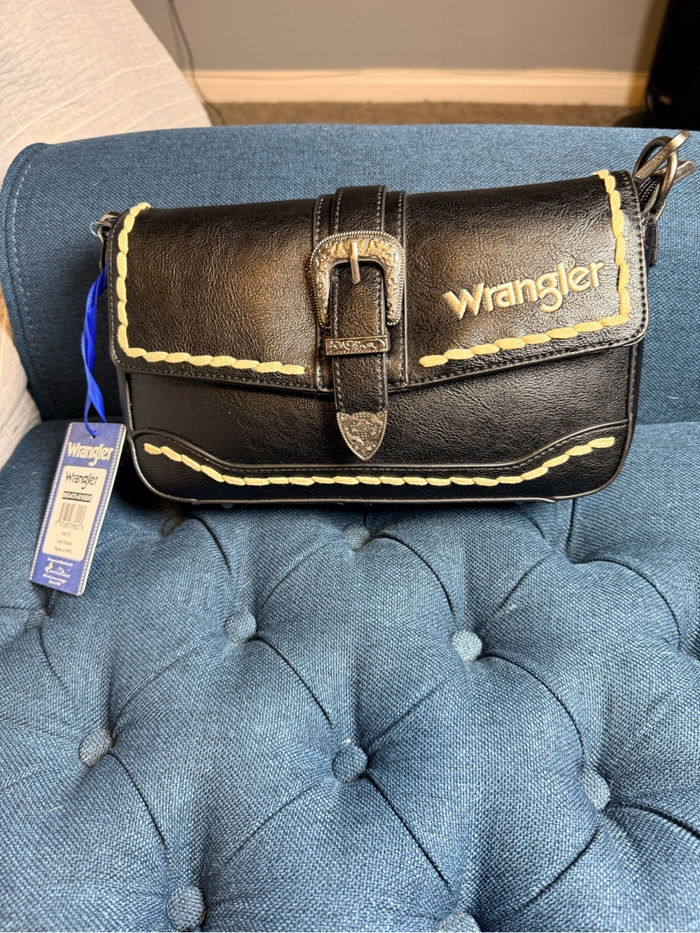 Wrangler Black Crossbody Bag with Cream Stitching and Buckle